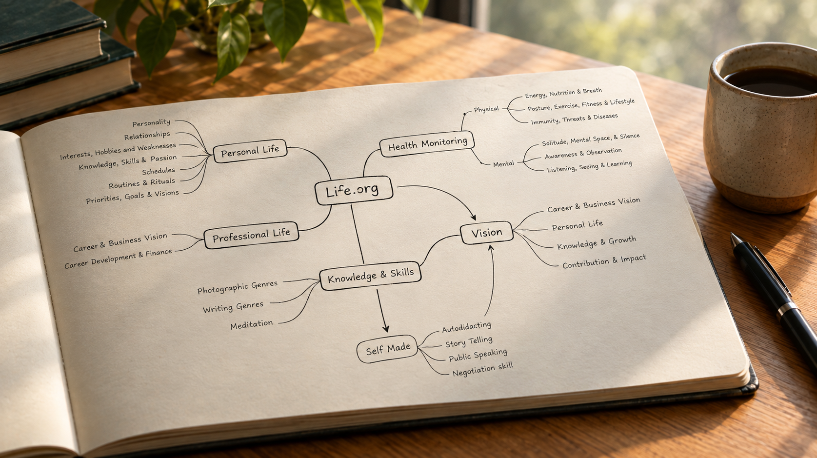 A handwritten mind map titled “Life.org” in an open notebook, connecting personal life, professional life, health monitoring, knowledge and skills, vision, and self-development, on a sunlit wooden desk.